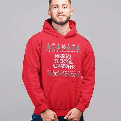 Foute Kerst Hoodie - Kleur Rood - Merry Fucking Whatever - Maat XS - Uniseks Pasvorm - Kerstkleding voor Dames & Heren