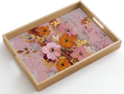 Dienblad hout 50x35 cm - Schootdienblad - Schilderij - Bloemen - Rustiek - Roze - Borrelplank rechthoek - Plateau dienbladen