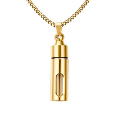 Winkrs - Ashanger – Gedenksieraad, gedenkhanger, urn - Goudkleurige Koker met Glazen Doorkijkje – 4,8 cm – RVS as-sieraad met Ketting van 60 cm