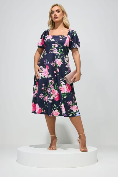 Yours London Marineblauwe Jurk Met Bloemenprint En Vierkante Hals Size 42