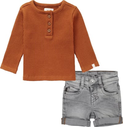 Dirkje -Noppies - kledingset - 2delig- Jeans short grijs - shirt Spilsby bruin - Maat 80