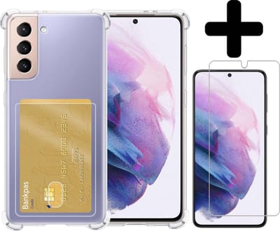 Hoesje - Geschikt voor Samsung Galaxy S21 - Met Screenprotector - En Pashouder - En Kaarthouder - Telefoon Hoes Shockproof - Siliconen Case - Back Cover - Shock Proof - Pasjes Houder - Telefoonhoesjes - Transparant