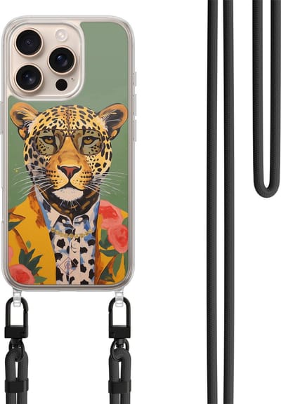 Casimoda® hoesje met koord - Geschikt voor iPhone 16 Pro - Luipaard Hipster - Afneembaar koord - TPU/polycarbonaat - Groen