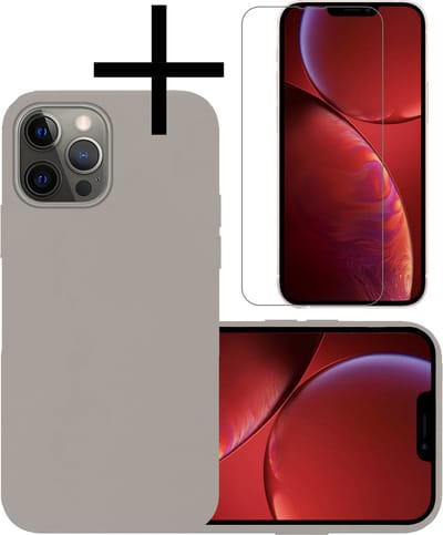 Hoesje - Met Screenprotector - Geschikt voor Apple iPhone 14 Pro Max - Sterk & Shockproof - Back Cover - Siliconen Case - Telefoon Hoes - Grijs