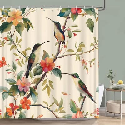 Kolibrie Bloemen Douchegordijn Vogels Aquarel op Bloementakken Bedrukt Polyester Badgordijnen Badkamer Decor met Haken 120x180cm-47x70in