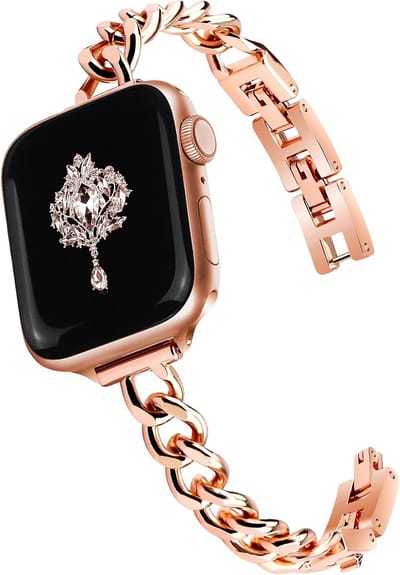 Stravo Luxe Schakel Bandje – Geschikt voor Apple Watch 46mm (Series 10/11), 45mm (Series 7/8/9), 44mm (Series 4/5/6, SE 1/2/3), 49mm (Ultra 1/2/3) – Elegant Metalen Dames Horlogebandje – Roségoud