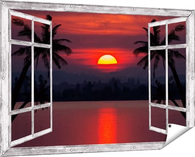 Gards Tuinposter Doorkijk Zonsondergang op het Strand met Palmbomen - 150x100 cm - Tuindoek - Tuindecoratie - Wanddecoratie buiten - Tuinschilderij