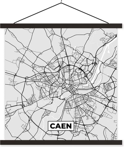 Posterhanger incl. Poster 60x60 cm - Schoolplaat - Plattegrond - Kaart - Stadskaart - Frankrijk - Caen - Textielposter - Zwarte latten - Stadskaart