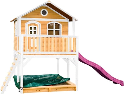 AXI Marc Speelhuis in Bruin/Wit - Met Verdieping, Paarse Glijbaan en Zandbak - Speelhuisje voor de tuin / buiten - FSC hout - Speeltoestel voor kinderen