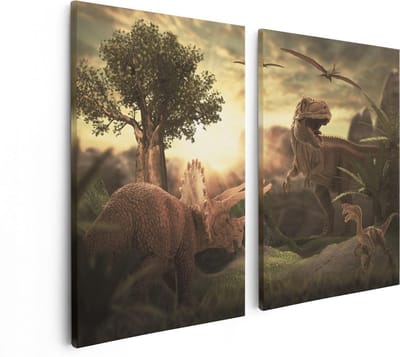Artaza Canvas Schilderij Tweeluik Dinosauriërs in de Natuur - Dino's  - 80x60 - Foto Op Canvas - Canvas Print