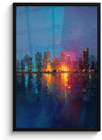 Poster in lijst - Fotolijst 60x90 cm - Posters - Skyline - Penseelstreken - Donkerblauw - Lichtgevend - Posterlijst zwart - Decoratie - Wanddecoratie woonkamer - Muurdecoratie slaapkamer
