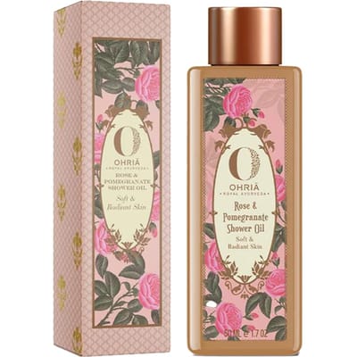 Ohria Ayurveda Rozen & Granaatappel Doucheolie | Kalmerende, Hydraterende Bad- & Lichaamsolie met Amandel-, Abrikozen- & Sheaboter | Voedende Formule voor Zachte beige
