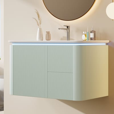 MIVRAY Wastafelonderkast - Wandhangend Met Sensorverlichting En 4 Lades - Badkamer - Keramiek En MDF - Groen - 80,5x47,5x51 Cm