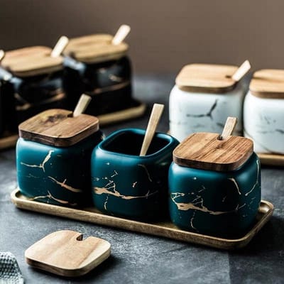 STAR&STER Marble Look Kruidenpot – 360 ml Keramische Spice Jar met Deksel en Lepel – Suiker- & Kruidendispenser (Zwart)