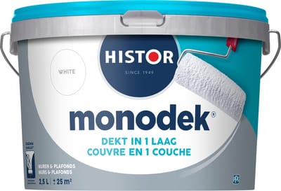 Histor Monodek – Muurverf Binnen Mat – Dekt in 1 Laag – Afwasbaar – Geurarm en Oplosmiddelvrij – Met Ultra Dense Technology voor Extra Dekkracht – Voor Binnen – Wit – 2,5L