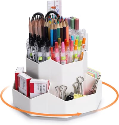 360 Graden Draaibare Pennenhouder - Grote Capaciteit Organizer voor Desk, School en Thuis met 9 Compartimenten (Wit)
