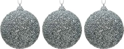 3x Zilveren glitter/kralen kerstballen 8 cm kunststof - Onbreekbare kerstballen - Kerstboomversiering zilver