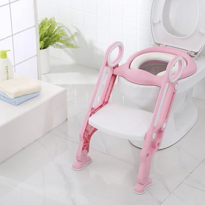 PIPIPOXER Toiletverkleiner- Potje Peuter - Met Trapje - Toilettrainer met Opstapje - Opvouwbaar - Roze + Wit