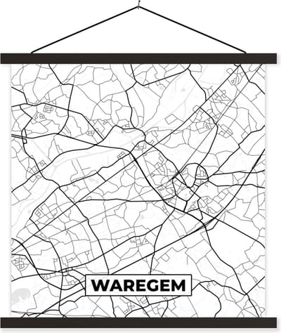 Posterhanger incl. Poster 60x60 cm - Schoolplaat - Zwart Wit – België – Plattegrond – Stadskaart – Kaart – Waregem - Textielposter - Zwarte latten - Stadskaart