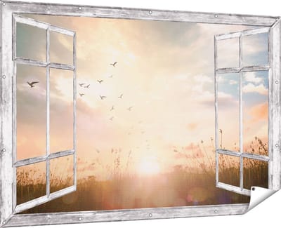 Gards Tuinposter Doorkijk Silhouet Vogels tijdens Zonsopkomst - 180x120 cm - Tuindoek - Tuindecoratie - Wanddecoratie buiten - Tuinschilderij