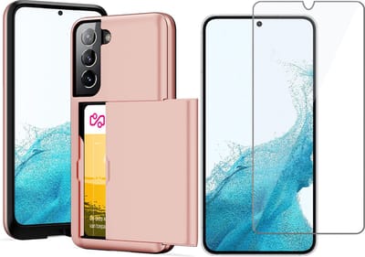 Hoesje met Pasjeshouder geschikt voor Samsung Galaxy S22 - Screen Protector GlassGuard - Back Cover SlideCase Roségoud & Screenprotector