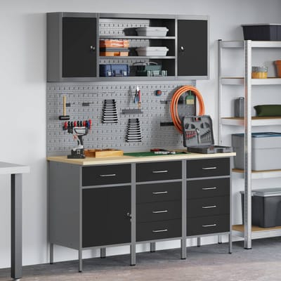 vidaXL - Werk - Cabinet - 7 - st - Zwart - en - Grijs - Engineered - hout - en - staal