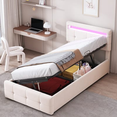 DESMIU Gestoffeerd Bed 90x200 cm – Met Ledverlichting En Hydraulische Opbergruimte – Verstelbaar Hoofdbord – Kinderkamer – Fluweel – Beige – Zonder Matras