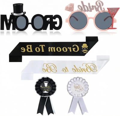 6-delige Set van Bruid en Bruidegom Glazen, Sjerpen en Badges voor Huwelijksfeesten, Vrijgezellenfeesten en Bruiloft Decoraties