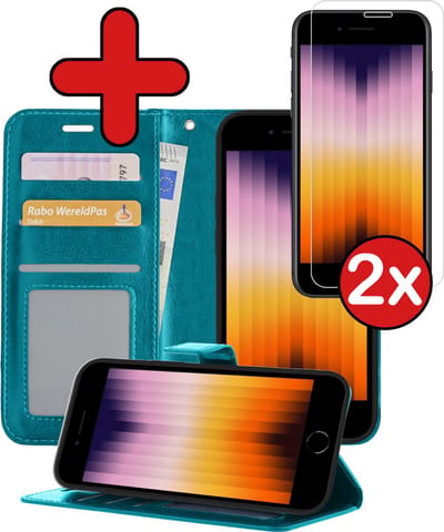 Hoesje - Met 2x Screenprotector - Geschikt voor Apple iPhone SE (2022) - Luxe Pasjeshouder - Flip Case - Bookcase Portemonee - Kunstleer Book Case - Flipcase Hoes - Book Cover - Walletcase - Portemonneehoes - Telefoonhoes - Turquoise