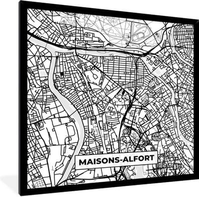Fotolijst incl. Poster Zwart Wit- Stadskaart - Frankrijk - Maisons-Alfort - Kaart - Plattegrond - Zwart wit - 40x40 cm - Posterlijst