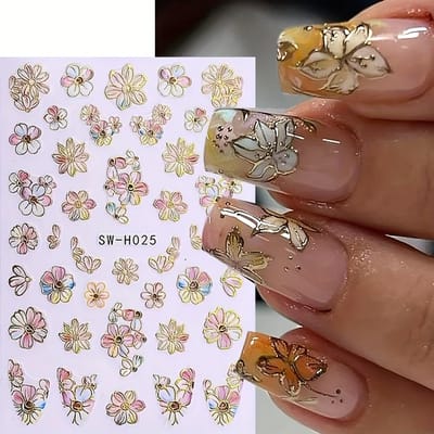 5D Nagelstickers Glitter Gouden Madeliefjes Geometrische Lijnen Decor Acryl Embossed Schiebers Gouden Frame Lente Nagelstickers Kersenbloesem Manicure