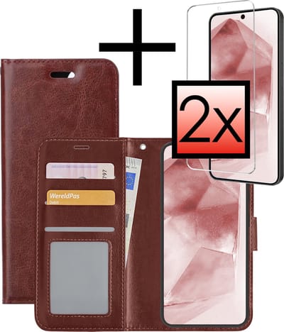 Hoesje - Met 2x Screenprotector - Geschikt voor Samsung Galaxy A55 - Luxe Pasjeshouder - Bookcase Portemonee - Flip Case - Kunstleer Book Case - Flipcase Hoes - Book Cover - Walletcase - Portemonneehoes - Bruin