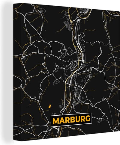 Canvas Schilderij Stadskaart – Kaart – Marburg – Gold – Duitsland – Plattegrond - 20x20 cm - Wanddecoratie