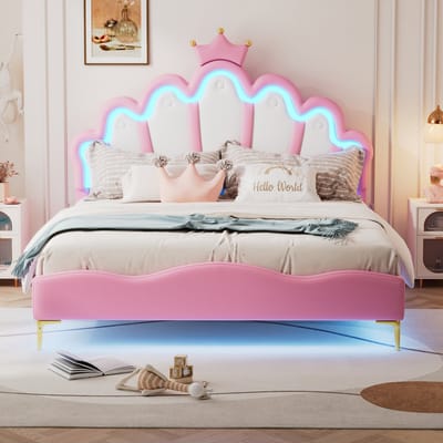 140 x 200cm tweepersoonsbed - kroonvormig prinsessenbed - PU-lederen bekleding - verstelbare LED-omgevingslichtstrip - roze - zonder matras