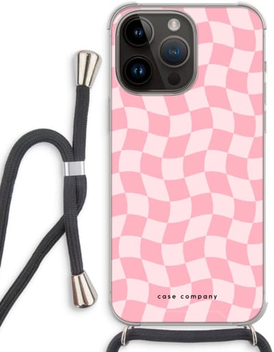 Case Company® - Hoesje met koord geschikt voor iPhone 14 Pro Max hoesje met Koord - Grid Roos - Telefoonhoesje met Zwart Koord - Bescherming aan alle Kanten en Over de Schermrand