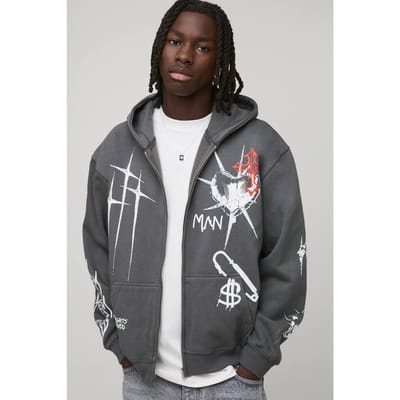 Charcoal oversized hoodie met ritssluiting en graffiti-tatoeageprint | Size XS