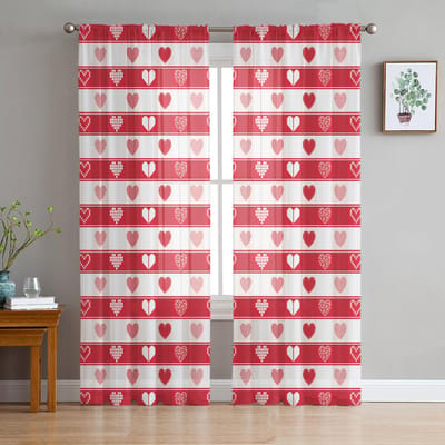 Valentijnsdag Ruit Rood Hart Tule Gordijnen Voor Woonkamer Slaapkamer Huisdecoratie Chiffon Transparant Voile Keukengordijn 135W x 114H(cm) red