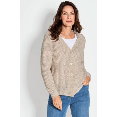 Tricot jasje van meerkleurig lintjesgaren - stein / weiß / gedess. - Gr. 52 van Goldner Fashion
