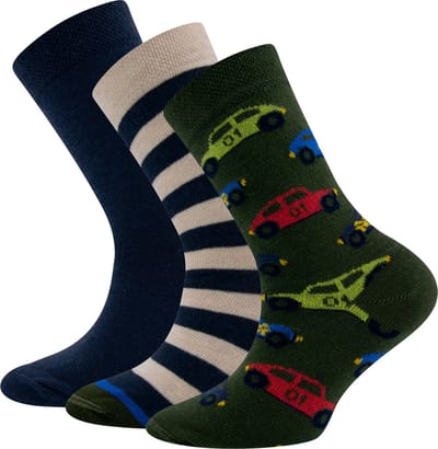 Set van 3 paar Kindersokken - Auto's/Strepen/Effen - Groen en Blauw - 31/34
