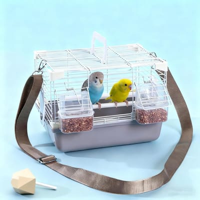 Vogel-draagkooi met stastang en voedselbox, rugzak voor vogels, reistas voor papegaaien, parkieten, ademend, transportcontainer met schouderriem voor vogels (grijs)