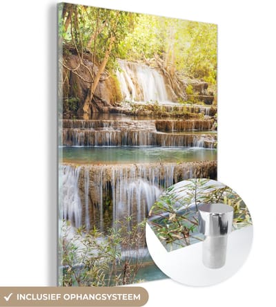 MuchoWow® Glasschilderij 30x40 cm - Schilderij acrylglas - Zon - Waterval - Landschap - Foto op glas - Schilderijen
