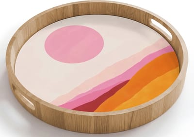 Dienblad rond 40x40 cm - Schootdienblad hout - Heuvels - Oranje - Zon - Abstract - Borrelplank rechthoek - Plateau houten dienbladen
