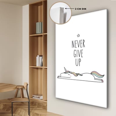 Kinderkamer decoratie - Eenhoorn - Quotes - Never give up - Quotes - Wanddecoratie meisjes - Canvas schilderij kinderen - Canvas doek kids - 90x140 cm
