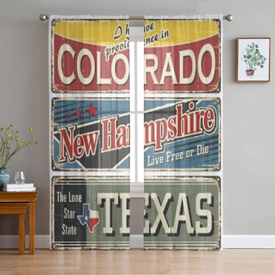 Vintage Blikken Borden Collectie Met Amerika Staat Transparante Gordijnen voor Woonkamer Tule Raamgordijn Slaapkamer Keuken Sluier Drapes 135W x 114H(cm) gray