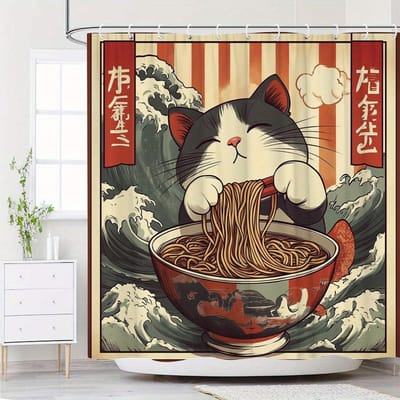 1 stuk Vintage Japanse Kat Eet Noedels Douchegordijn, Polyester, Wasbaar, Aan de Lucht Drogen, Voor Alle Seizoenen, Universeel Feestthema 90X180CM black