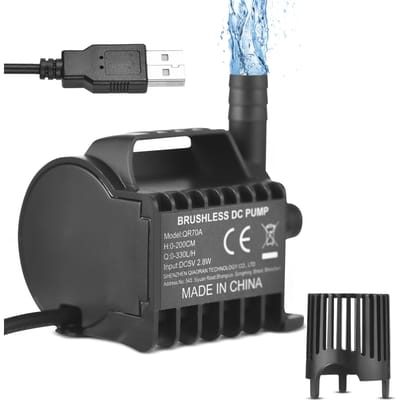 Dompelpomp voor water, elektrisch, 500L/H, kleine fonteinpomp met max. 4,9ft opvoerhoogte, 6,5ft USB-kabel en QR75A zwart