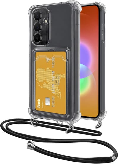 Hoes Geschikt voor Samsung Galaxy A27 Hoesje Pasjeshouder Cover Met Koord Shock Proof Case Siliconen Hoes Met Telefoonkoord en Kaarthouder - Transparant