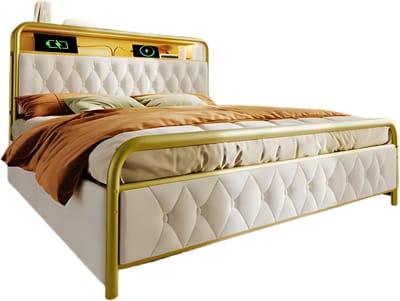Bed - Tweepersoonsbedden - Tweepersoonsbed - Twijfelaar - USB C Oplaadfunctie APP-bediening LED Metalen bed bedframe 4 Laden Fluweel - 140x200cm