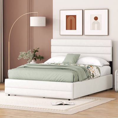 Wishdor – Gestoffeerd Platformbed 140x200 cm – Met Uitschuifbed & 2 Lades – Verstelbaar Hoofdbord – Compleet & Flexibel – Linnen – Beige