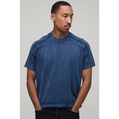 Boxy Fit Acid Wash Geribbeld Gebreid T-shirt | Blue | Size XS